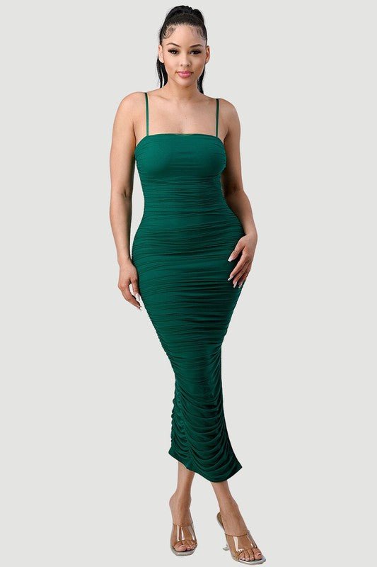 Emerald Lux Ruched Mesh Side Open Slitted Midi Dress – STYLED BY ALX COUTURE