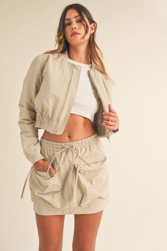 Taupe Cropped Bomber Jacket Cargo Mini Skirt Set – STYLED BY ALX COUTURE