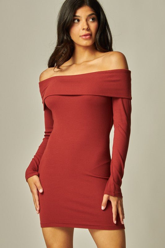 Ancora Red Soft Ribbed Knit Off Shoulder Dress - STYLED BY ALX COUTUREDresses