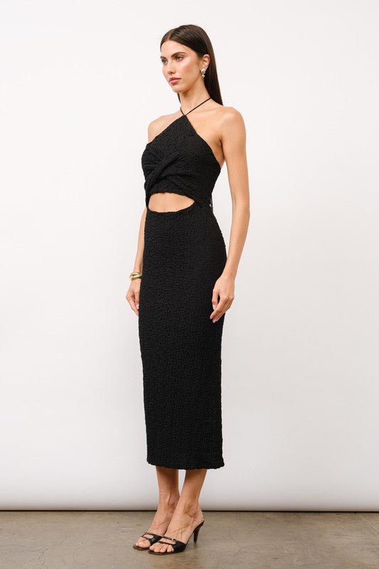 Audrina Black Twist - Front Halter Midi Dress - STYLED BY ALX COUTUREDresses