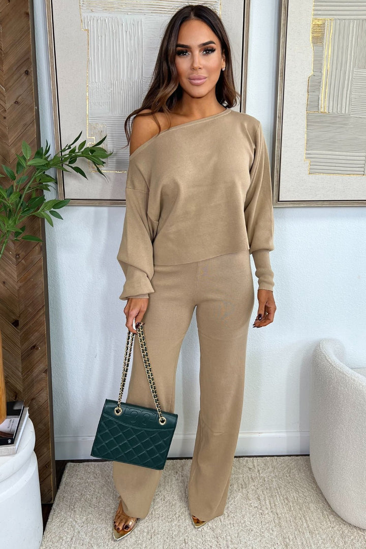 Beige Off The Shoulder Top Pants Set - STYLED BY ALX COUTUREOutfit Sets