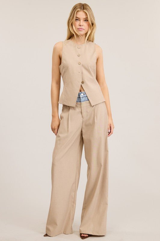 Beige Pinstriped Button down Vest - STYLED BY ALX COUTUREvest