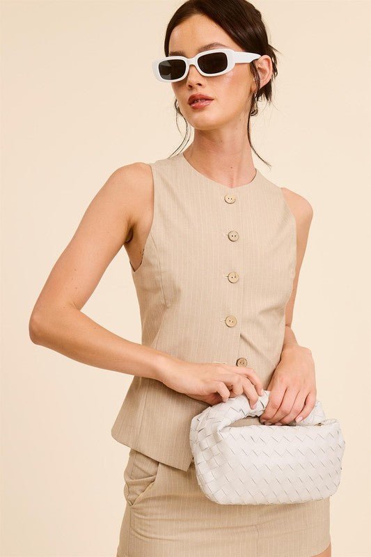 Beige Pinstriped Button down Vest - STYLED BY ALX COUTUREvest