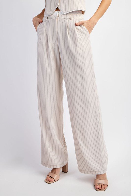 Beige Pinstriped Tailored Trousers - STYLED BY ALX COUTUREPANTS