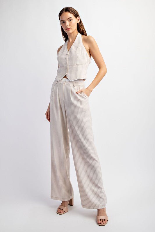 Beige Pinstriped Tailored Trousers - STYLED BY ALX COUTUREPANTS