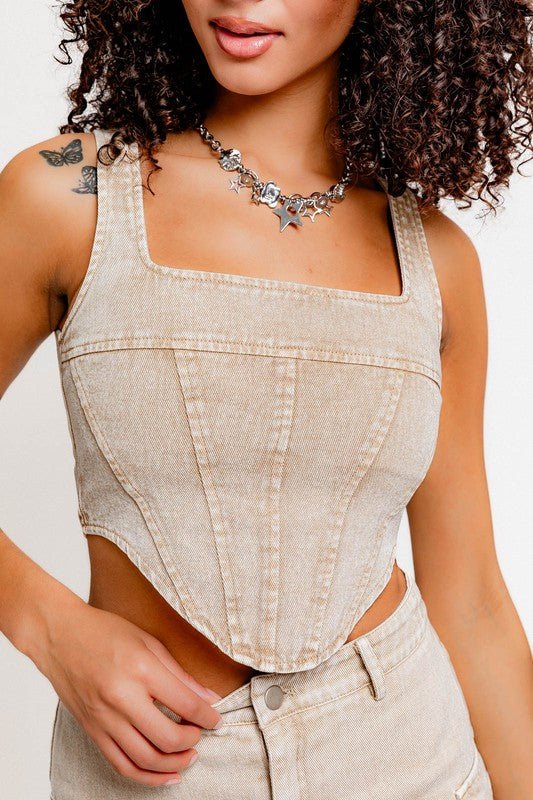 Beige Sleeveless Square Neck Corset Top - STYLED BY ALX COUTUREOutfit Sets