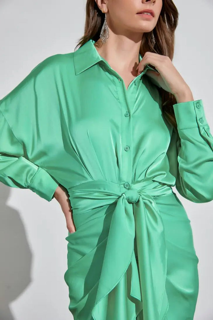 Biscay Green Collar Button Down Front Tie Dress - STYLED BY ALX COUTUREDRESSES