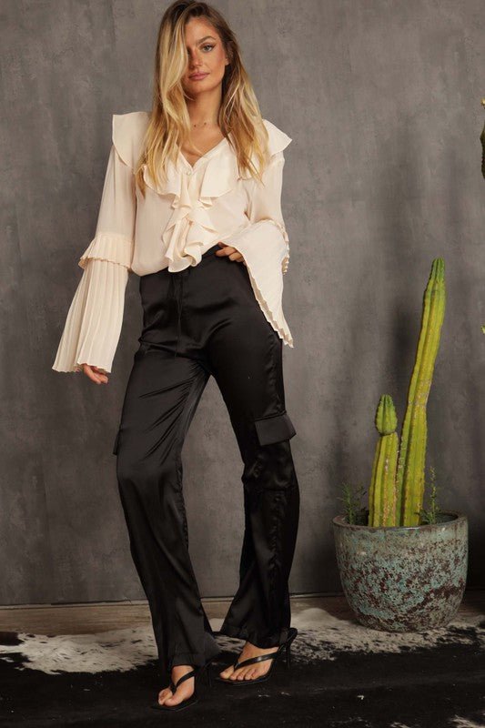 Black Adjustable Satin Cargo Pants - STYLED BY ALX COUTUREPANTS