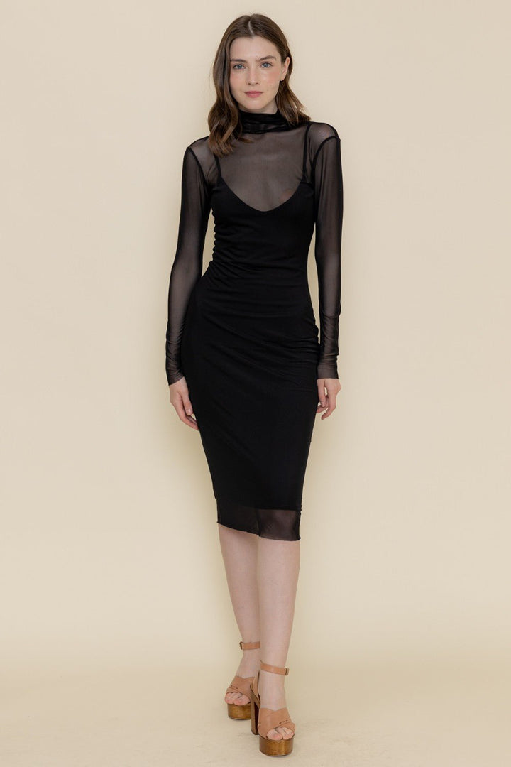 Black Bodycon Mock Neck Mesh Long Sleeve Midi Dress - STYLED BY ALX COUTUREDresses