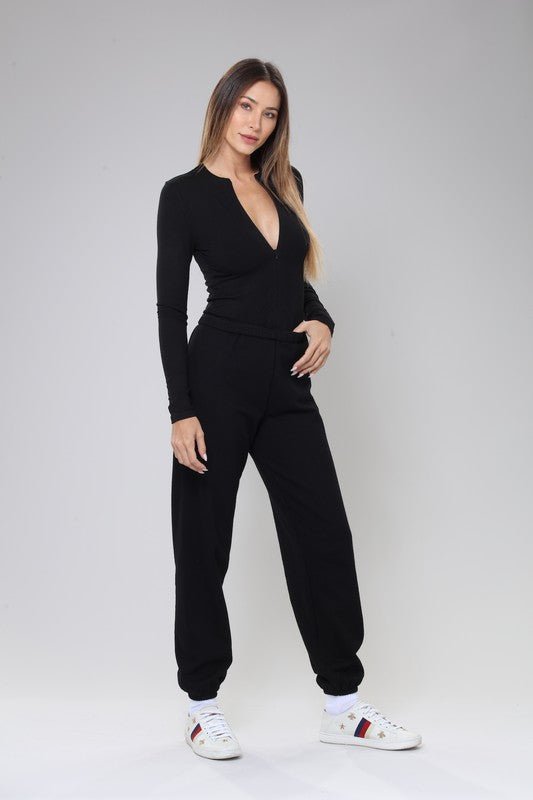 Black BodyGo Ribbed Zip - Up Top 2 - Piece Jogger Set - STYLED BY ALX COUTUREACTIVEWEAR