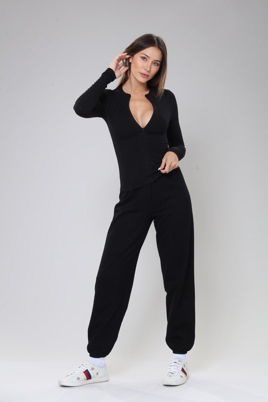 Black BodyGo Ribbed Zip - Up Top 2 - Piece Jogger Set - STYLED BY ALX COUTUREACTIVEWEAR