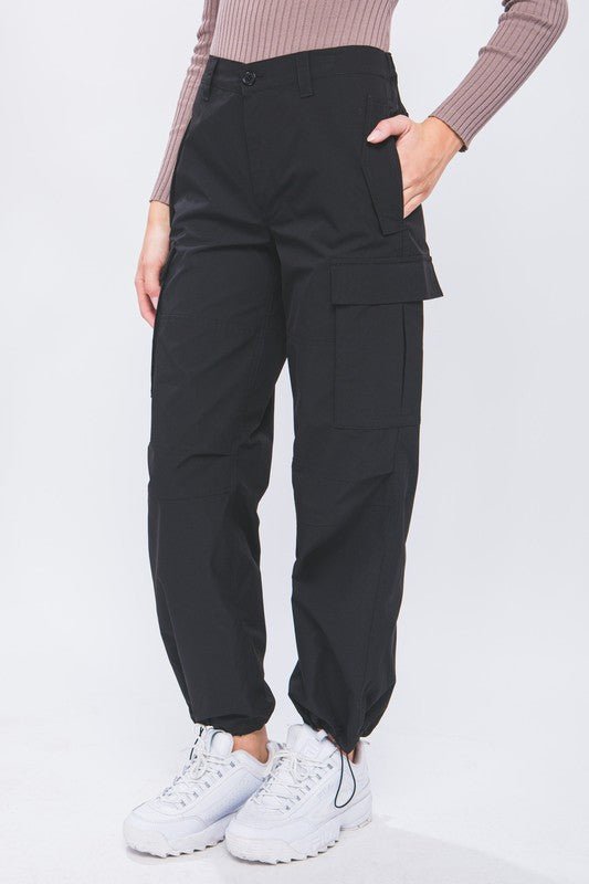 Black Cargo Pants With Elastic Waist Band - STYLED BY ALX COUTUREPANTS