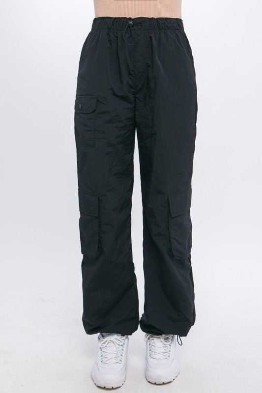 Black Cargo Parachute Pants With Toggle Detail - STYLED BY ALX COUTUREPANTS