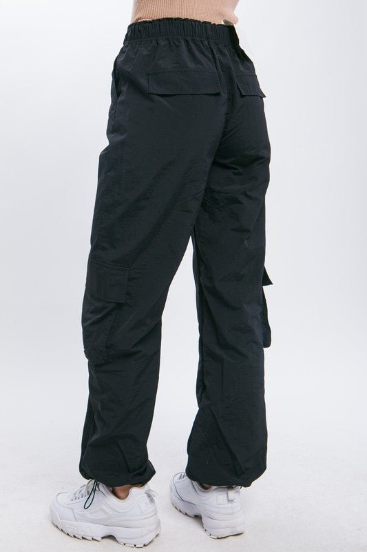 Black Cargo Parachute Pants With Toggle Detail - STYLED BY ALX COUTUREPANTS