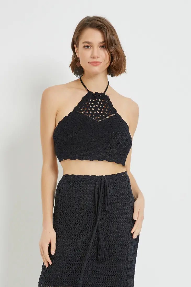 Black Crochet Scallop Halter Top - STYLED BY ALX COUTUREShirts & Tops