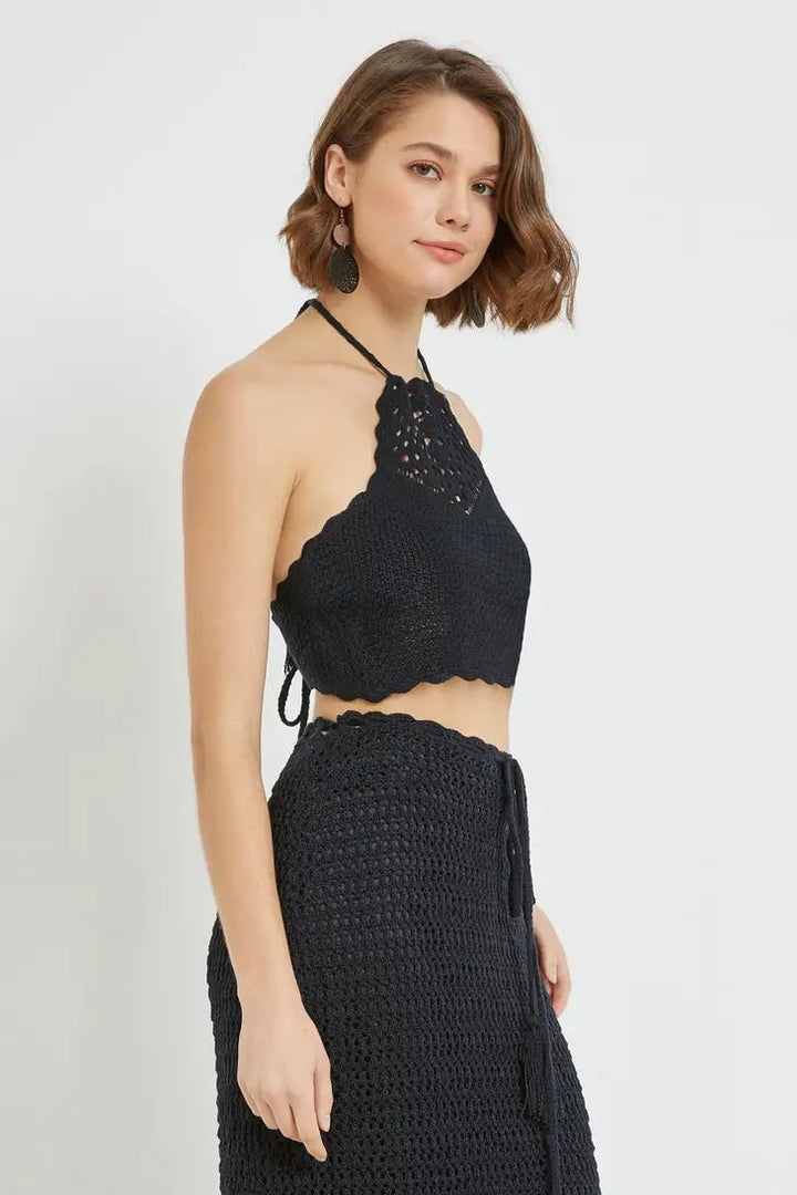 Black Crochet Scallop Halter Top - STYLED BY ALX COUTUREShirts & Tops