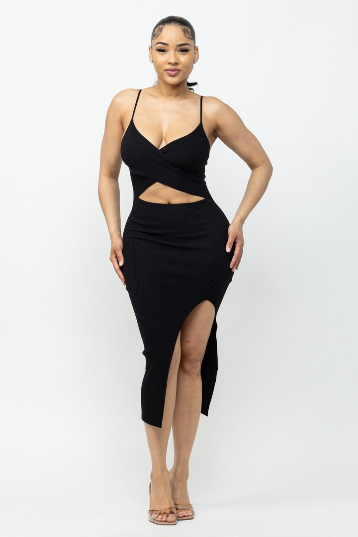 Black Cross Top Side Slit Midi Dress - STYLED BY ALX COUTUREDRESSES