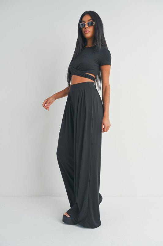 Black Crossed Waist Detail Top and Palazzo Pants Set - STYLED BY ALX COUTUREOutfit Sets