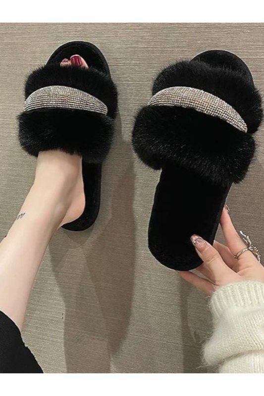 Black Cubic Point Fur Comfy Slippers - STYLED BY ALX COUTURESHOES