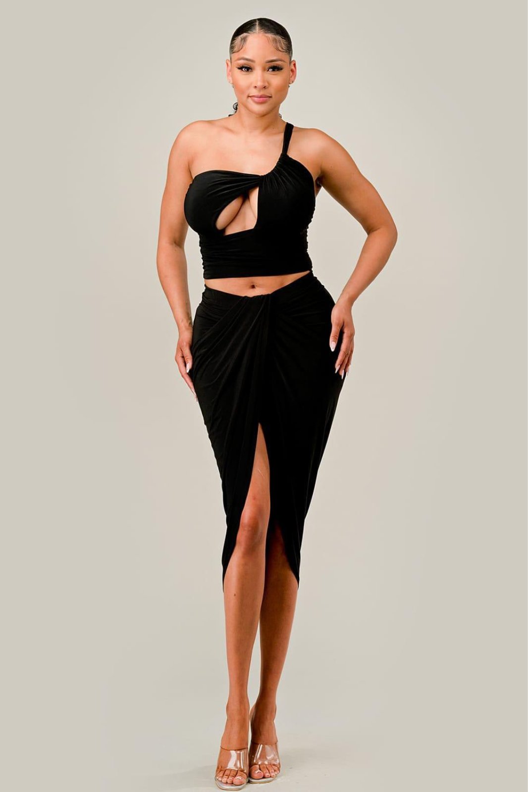 Black Cut Out One Shoulder Skirt Set - STYLED BY ALX COUTUREClothing