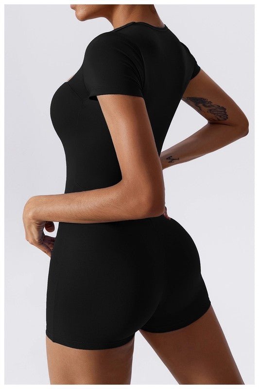 Black Eos Short Sleeve One Piece Active Bodysuit - STYLED BY ALX COUTUREJumpsuits & Rompers