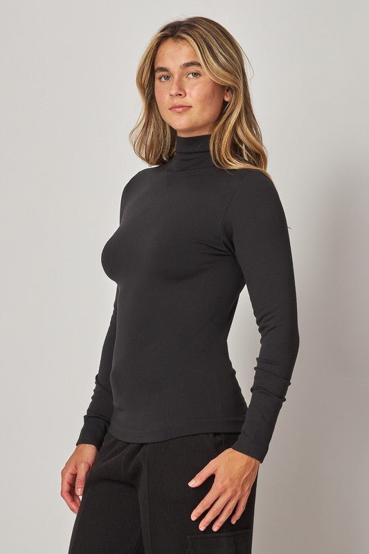 Black Fleece Lined Seamless Mock Neck Long Sleeve Top - STYLED BY ALX COUTUREShirts & Tops