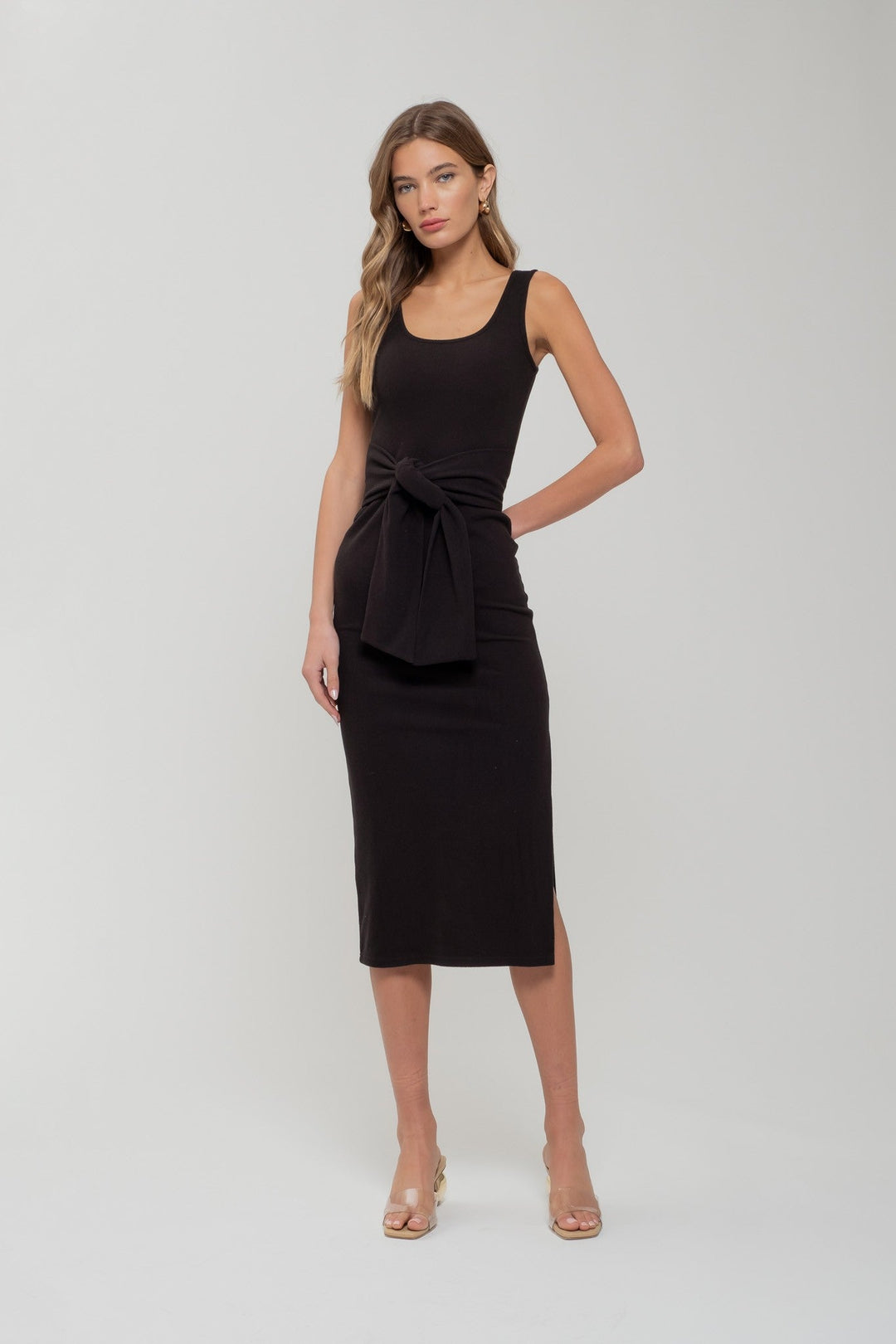 Black Front Tie Sweater Knit Tank Midi Dress - STYLED BY ALX COUTUREDRESSES