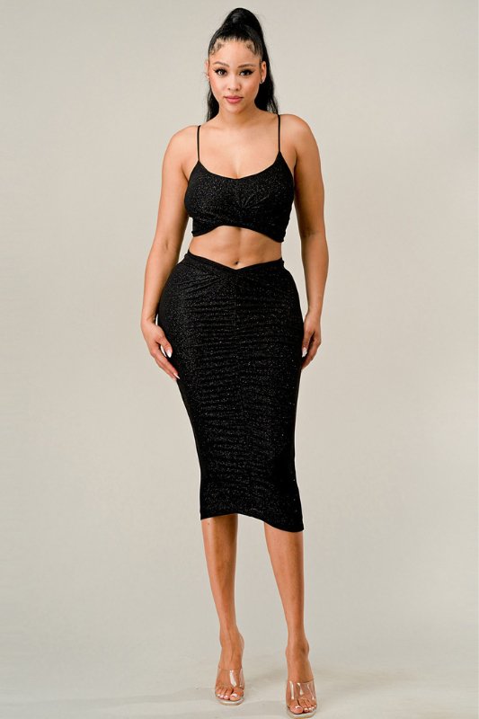 Black Glitter Twist Crop Top Midi Skirt Set - STYLED BY ALX COUTUREOutfit Sets