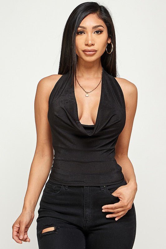 Black Halter Deep Cowl Back Tie Top - STYLED BY ALX COUTUREShirts & Tops