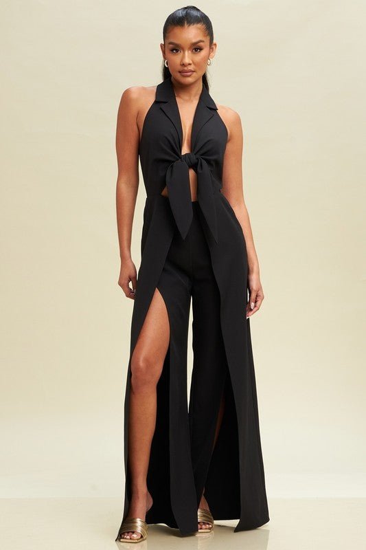 Black Halter Tie Front Split Jumpsuit - STYLED BY ALX COUTUREJumpsuits & Rompers