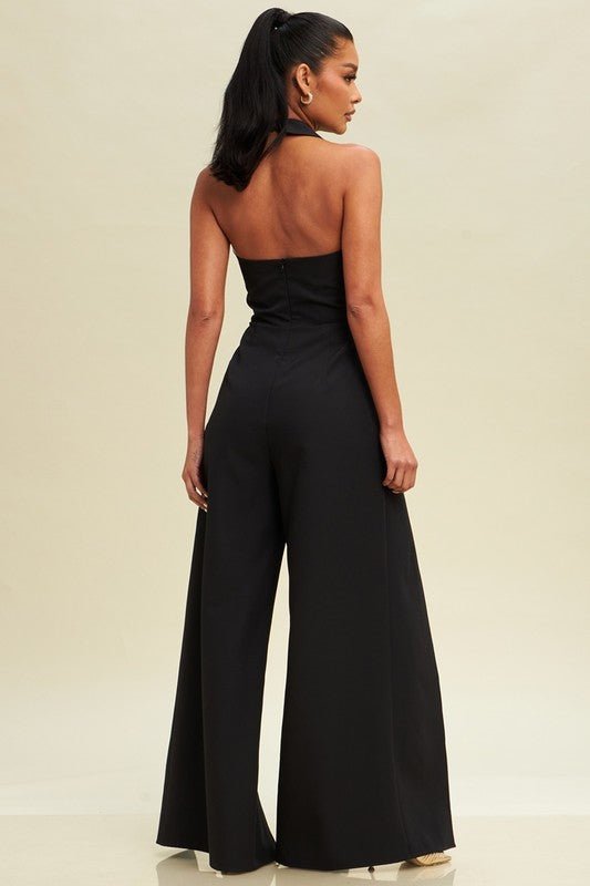 Black Halter Tie Front Split Jumpsuit - STYLED BY ALX COUTUREJumpsuits & Rompers