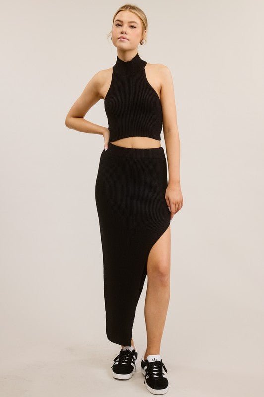 Black Halter Top Side Slit Midi Skirt Set - STYLED BY ALX COUTUREOutfit Sets