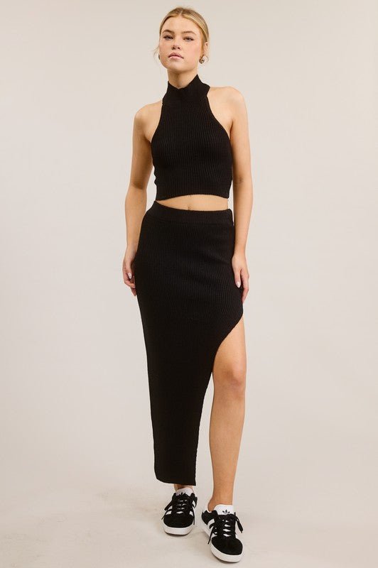 Black Halter Top Side Slit Midi Skirt Set - STYLED BY ALX COUTUREOutfit Sets