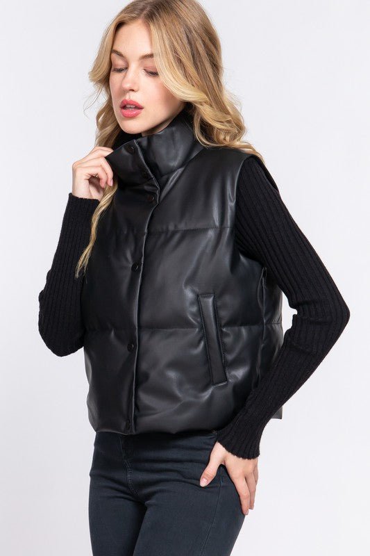 Black High Neck Quilted PU Puffer Vest - STYLED BY ALX COUTURECoats & Jackets