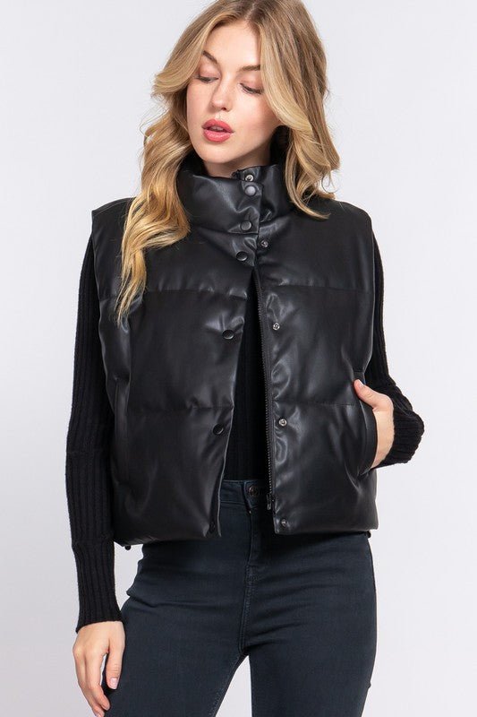 Black High Neck Quilted PU Puffer Vest - STYLED BY ALX COUTURECoats & Jackets