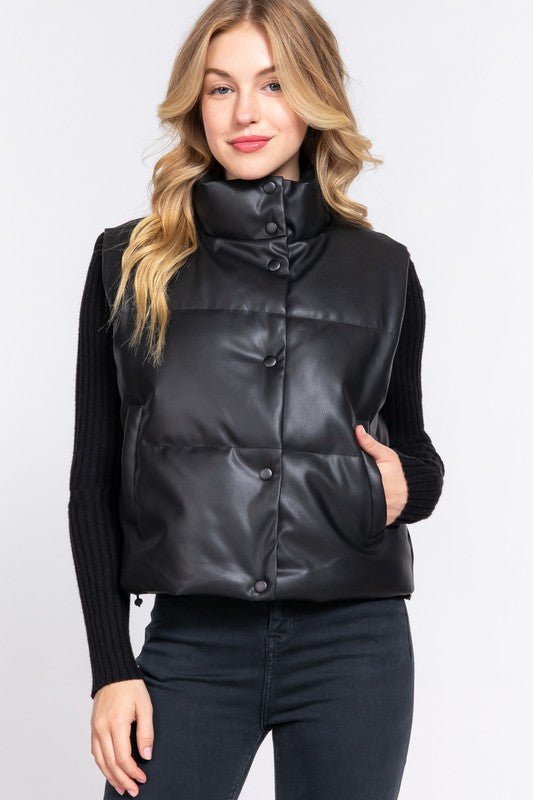 Black High Neck Quilted PU Puffer Vest - STYLED BY ALX COUTURECoats & Jackets