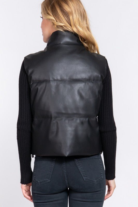 Black High Neck Quilted PU Puffer Vest - STYLED BY ALX COUTURECoats & Jackets