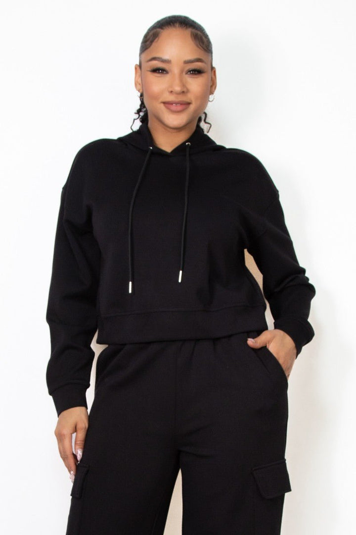 Black Hoodie Drawstring Solid Sweatshirt Top - STYLED BY ALX COUTURESWEATERS