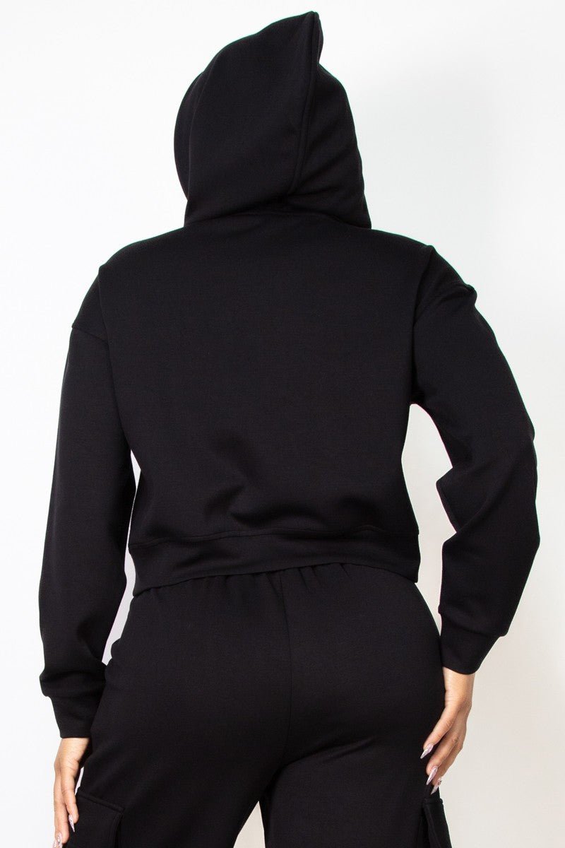 Black Hoodie Drawstring Solid Sweatshirt Top - STYLED BY ALX COUTURESWEATERS