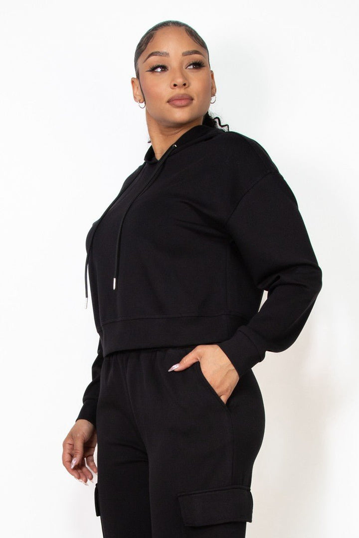 Black Hoodie Drawstring Solid Sweatshirt Top - STYLED BY ALX COUTURESWEATERS