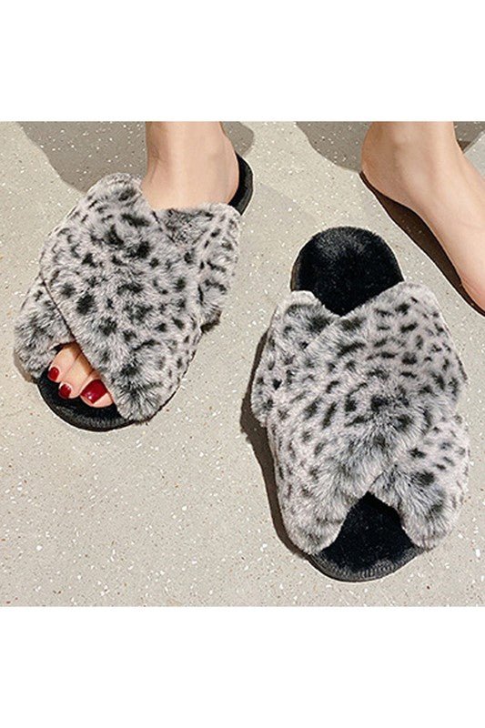 Black Leopard Strap Open Fluffy Slippers - STYLED BY ALX COUTUREShoes