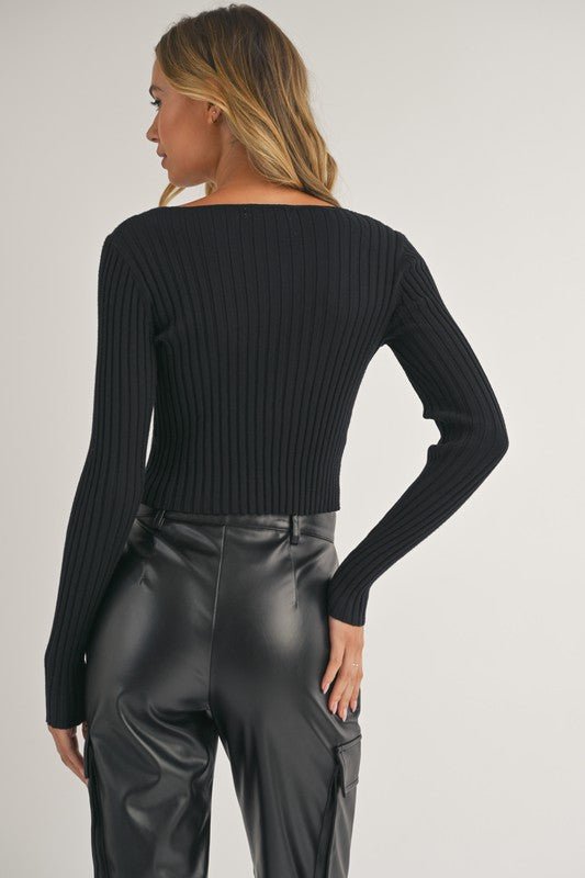 Black Long Sleeve Metal Clip Detailed Crop Top - STYLED BY ALX COUTUREShirts & Tops