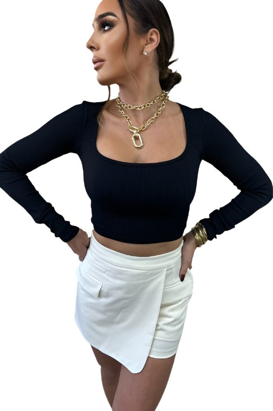Black Long Sleeve Scoop Neck Ribbed Crop Top - STYLED BY ALX COUTUREShirts & Tops