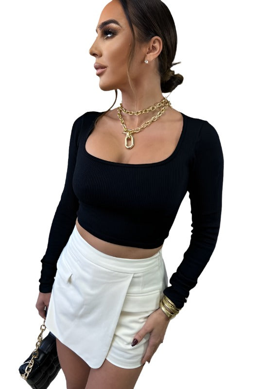 Black Long Sleeve Scoop Neck Ribbed Crop Top - STYLED BY ALX COUTUREShirts & Tops