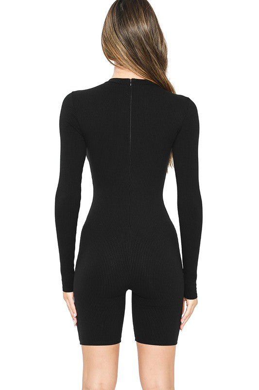 Black Long Sleeve Snatched Round Neck Romper - STYLED BY ALX COUTUREJumpsuits & Rompers