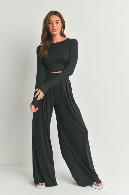 Black Long Sleeve Top and Wide Leg Pants Set - STYLED BY ALX COUTUREOutfit Sets