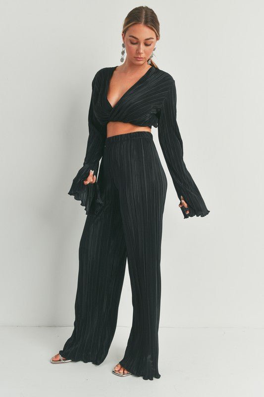 Black Long Sleeve Top Plisse Fabric Pants Set - STYLED BY ALX COUTUREOutfit Sets