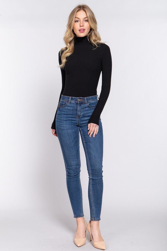 Black Long Sleeve Turtle Neck Rayon Bodysuit - STYLED BY ALX COUTUREBODYSUIT