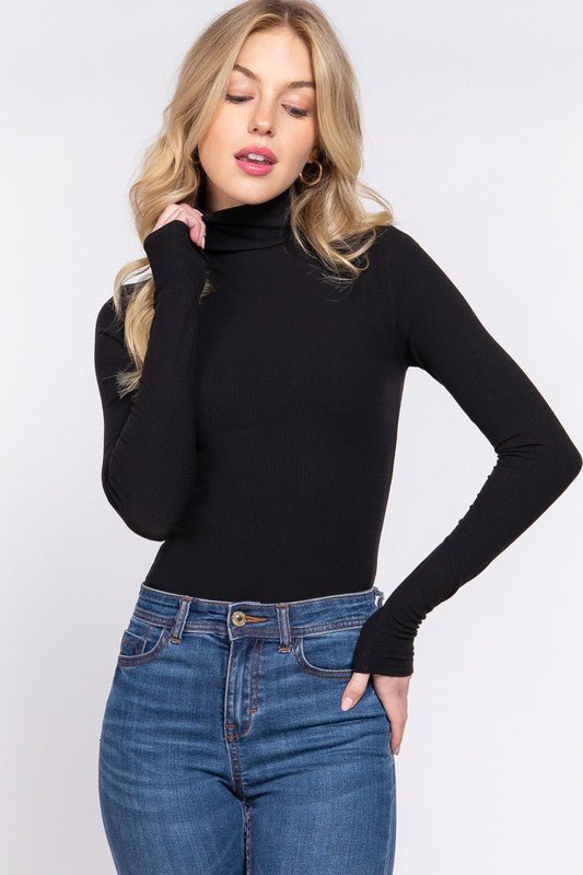 Black Long Sleeve Turtle Neck Rayon Bodysuit - STYLED BY ALX COUTUREBODYSUIT