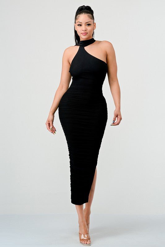 Black Luxe Mesh Asymmetric Back Draped Ruched Midi Dress - STYLED BY ALX COUTUREDRESS